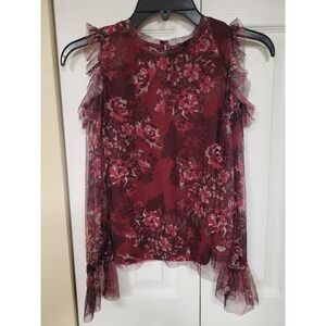 Bebe Girls Burgundy Floral Mesh Cold Shoulder Ruffle Twee Party Top Size M 10-12